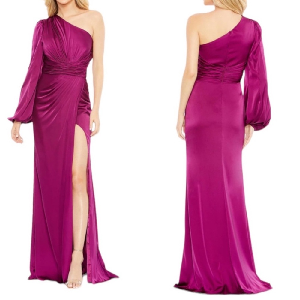 Mac Duggal Satin One Shoulder High Slit Formal
Dress Gown In Fuchsia - Reemoly